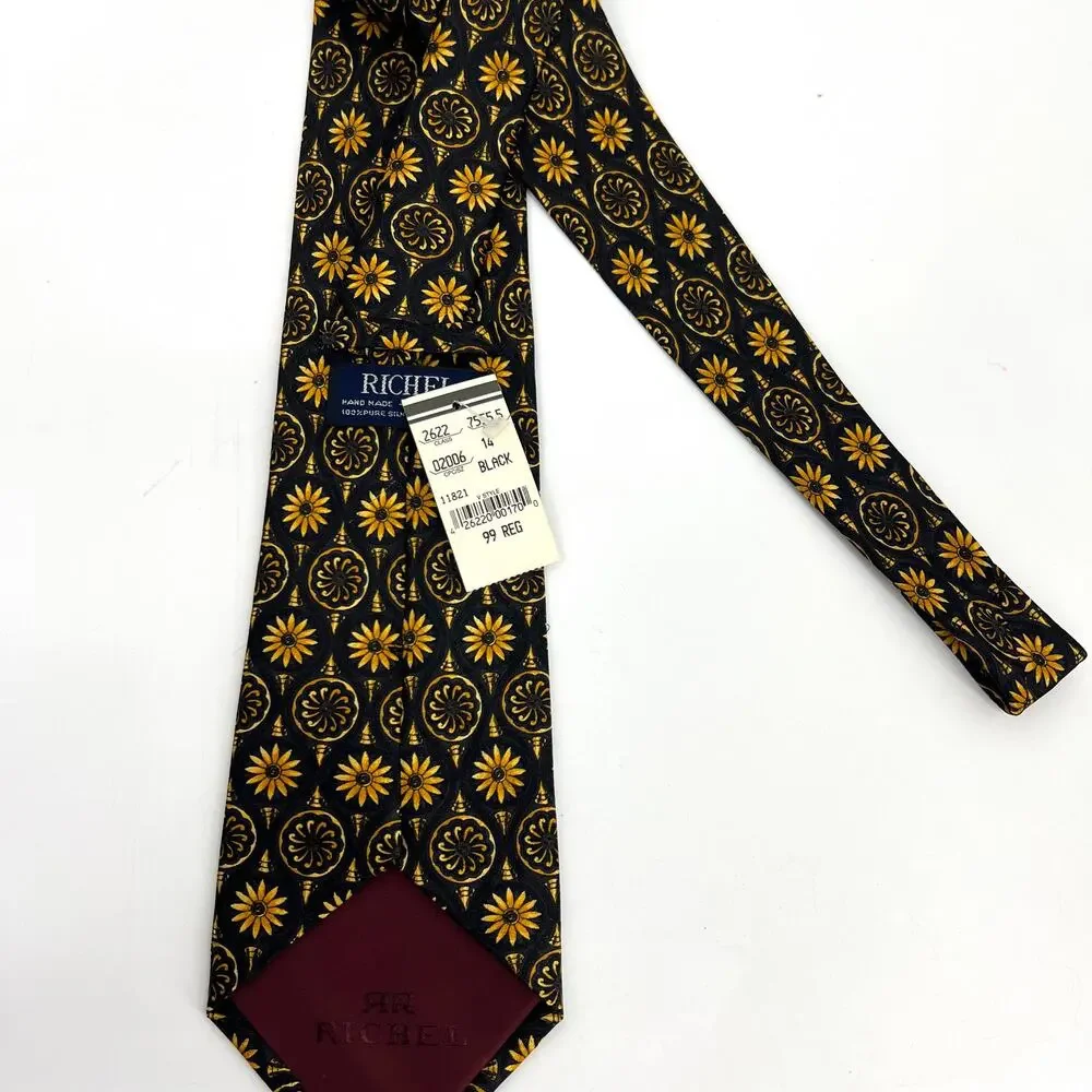 Vintage Richel Spain 100% Pure Silk Hand Made Mens Tie Black Floral NWT